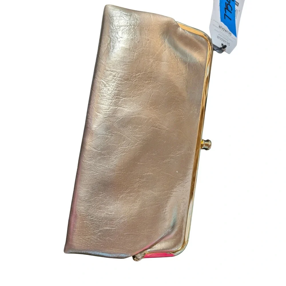 Champagne Gold Metallic Kiss Lock Clutch Wallet Evening Bag with ID Window